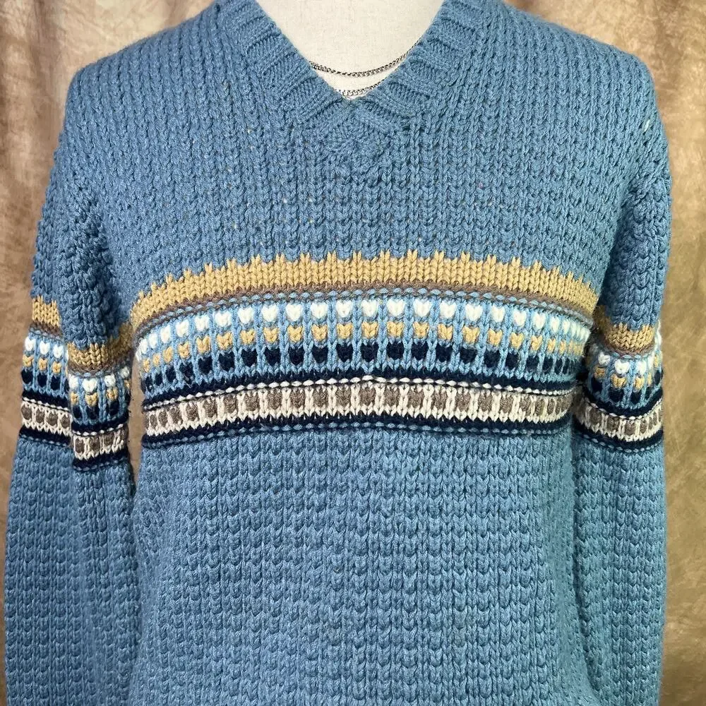 Vintage Striped Sweater 80s Knit V Neck Long Sleeve Blue Retro Fall Academia